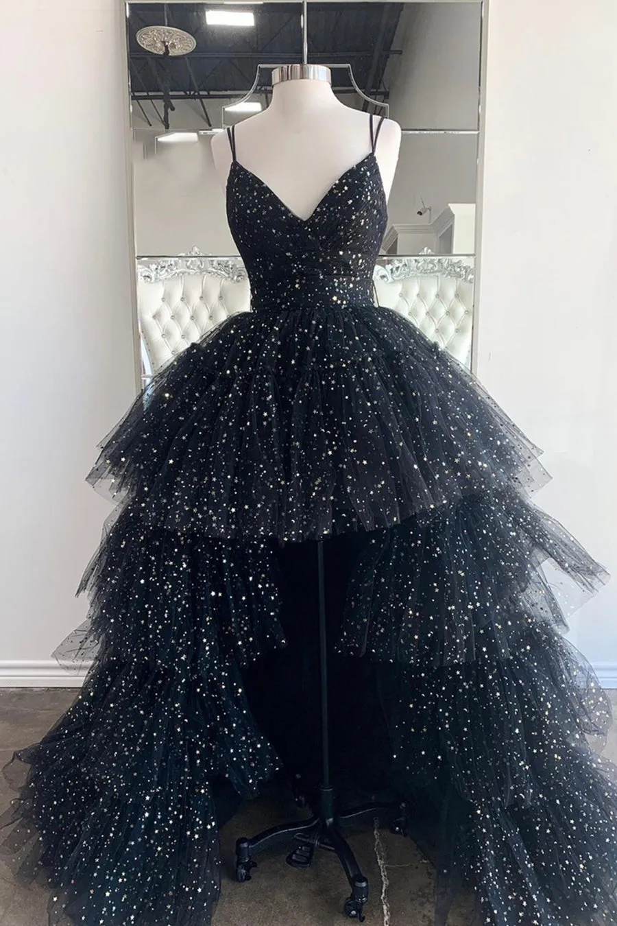 Black V-Neck Tulle Long Prom Dresses High Low Evening Party Dresses Sparkly