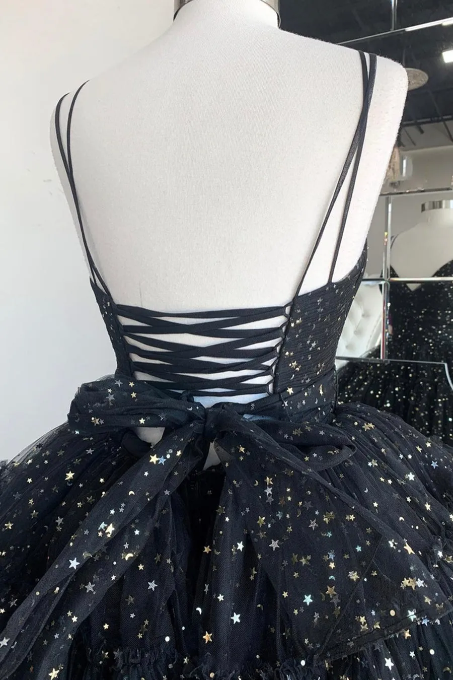 Black V-Neck Tulle Long Prom Dresses High Low Evening Party Dresses Sparkly