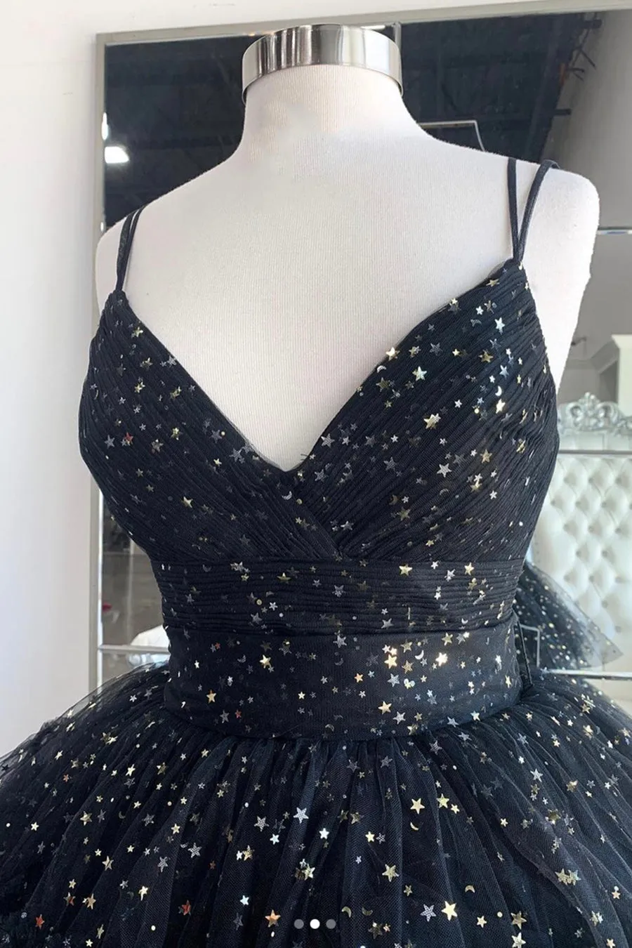 Black V-Neck Tulle Long Prom Dresses High Low Evening Party Dresses Sparkly