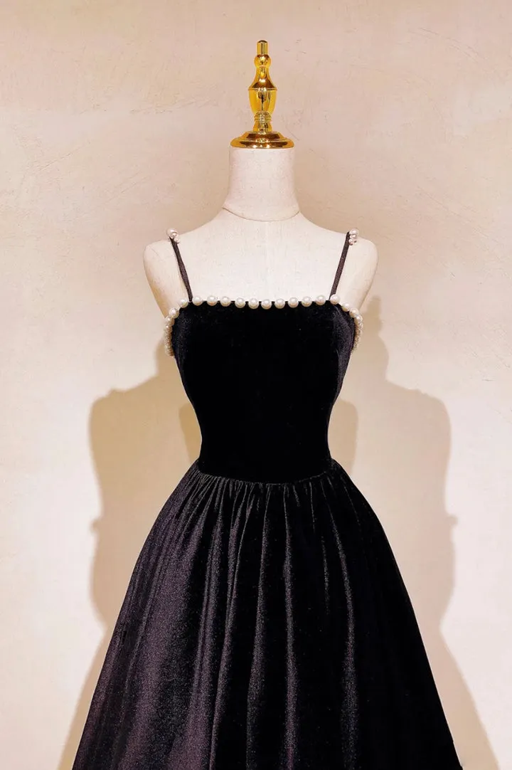 Black Velvet Pearls Long Prom Dresses A-Line Evening Party Dresses