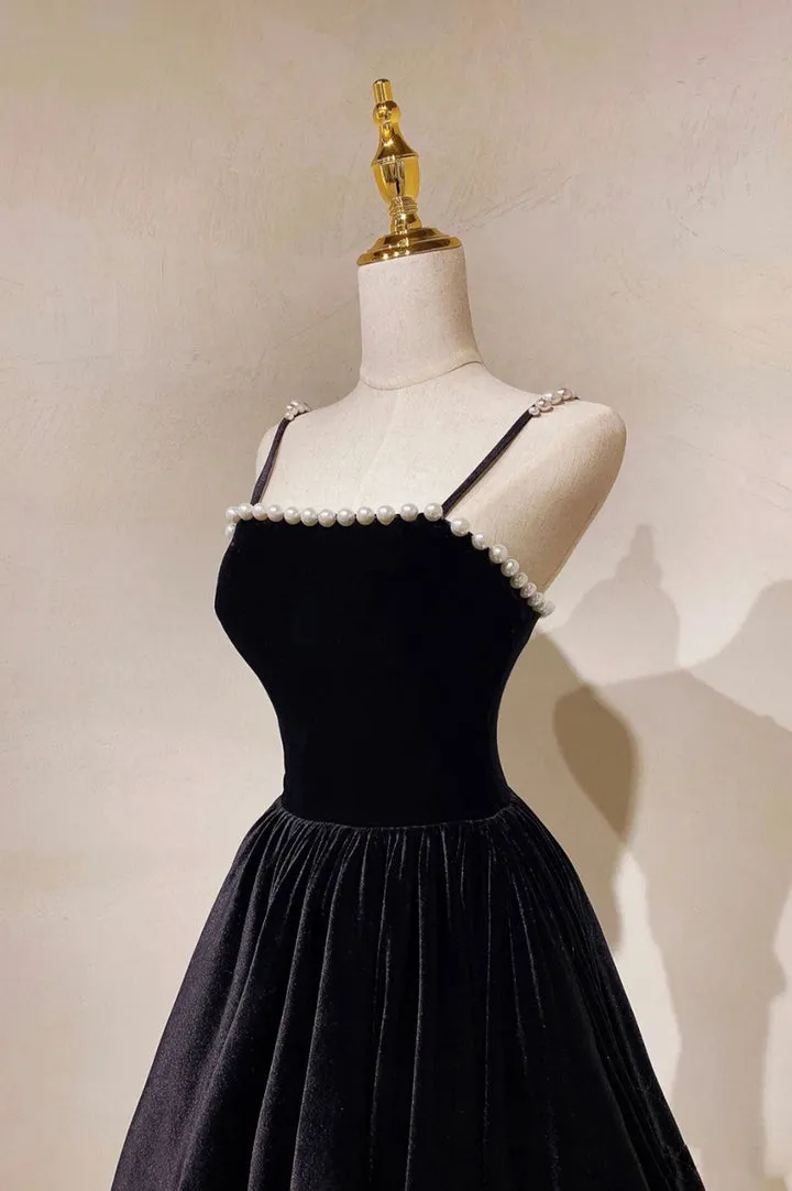 Black Velvet Pearls Long Prom Dresses A-Line Evening Party Dresses