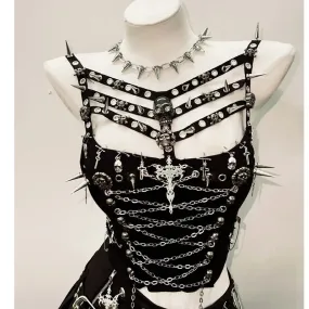 Flytonn-Gothic Tank Tops Punk Tank Tops  y2k fashion bustier top gothic clothes vintage tops Rivets Tank Tops Skull top y2k clothes
