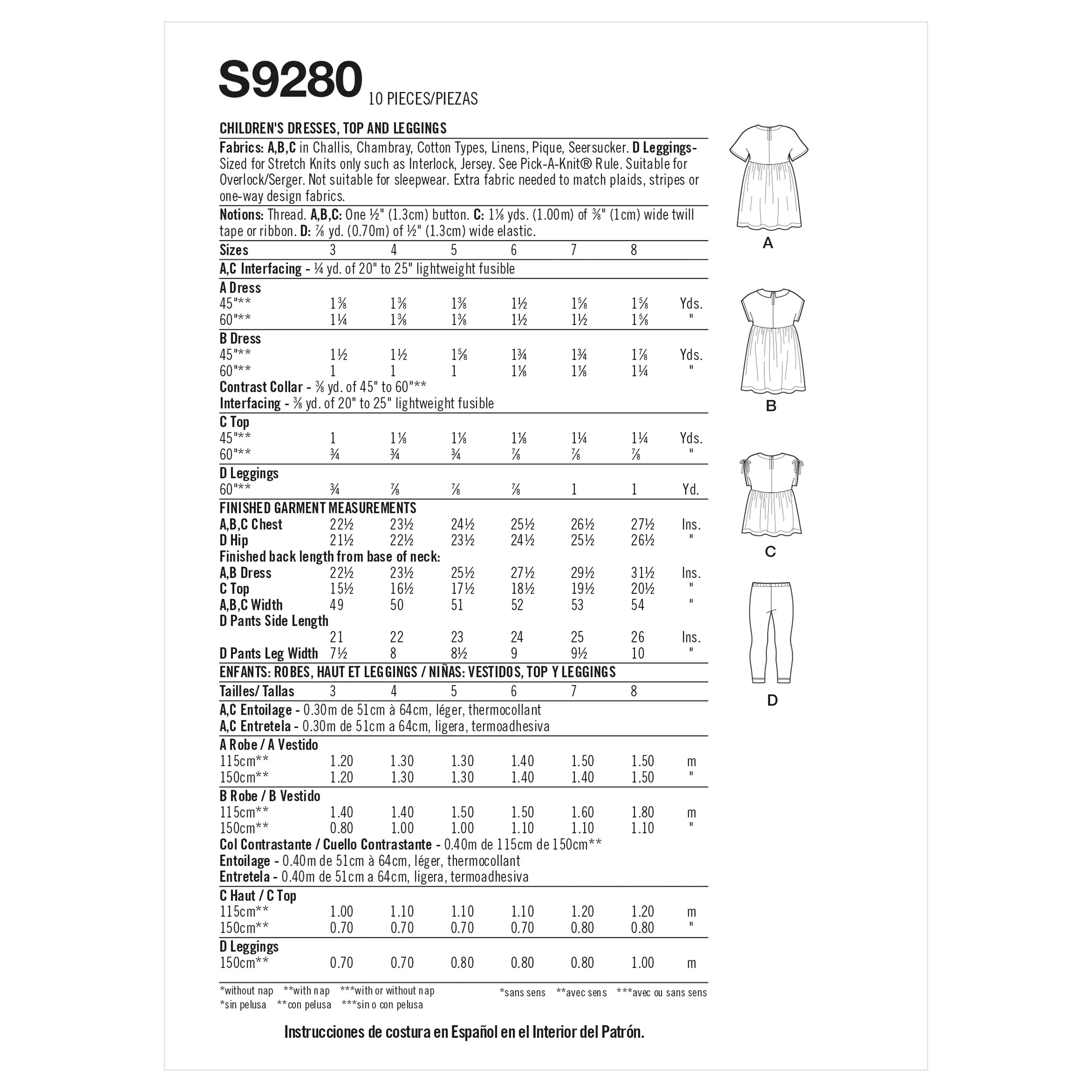 Simplicity Pattern 9280 Children's Dresses, Top & Leggings