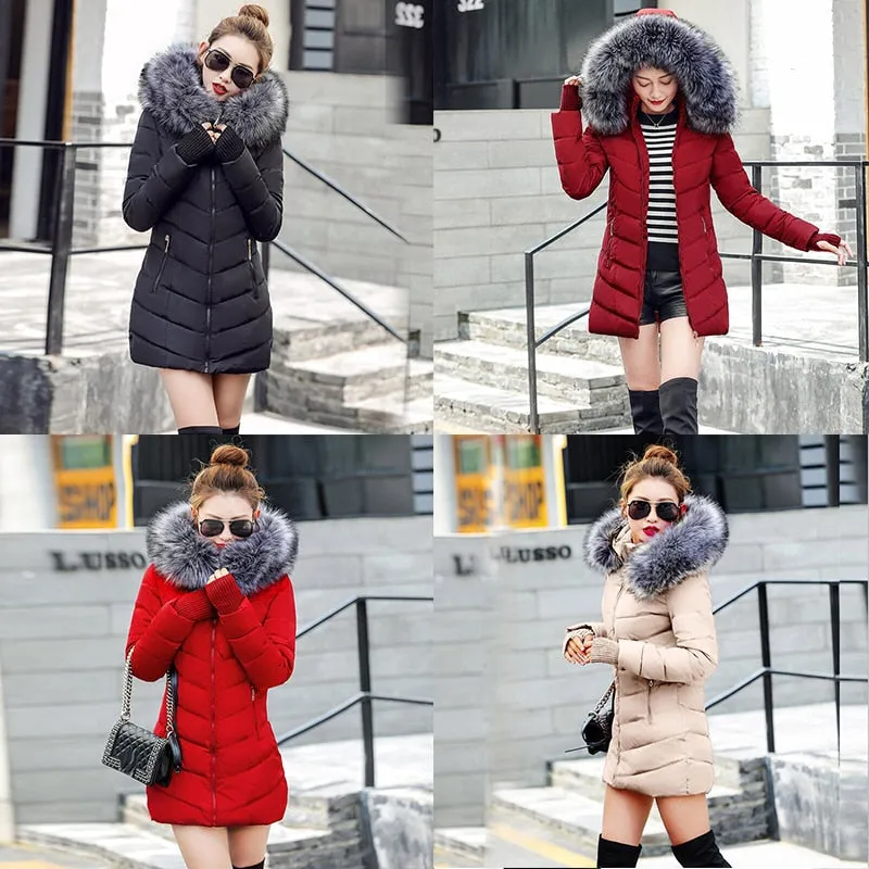 Women's Winter Coats Parkas Wadded Jackets warm Hood Large Faux Fur Collar Outwear